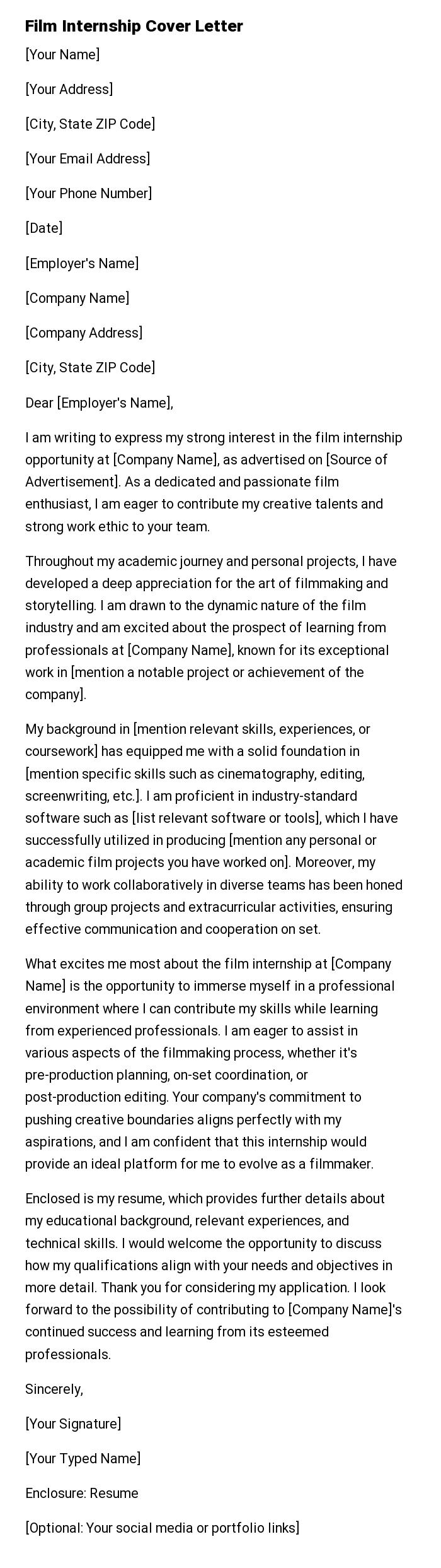 Film Internship Cover Letter