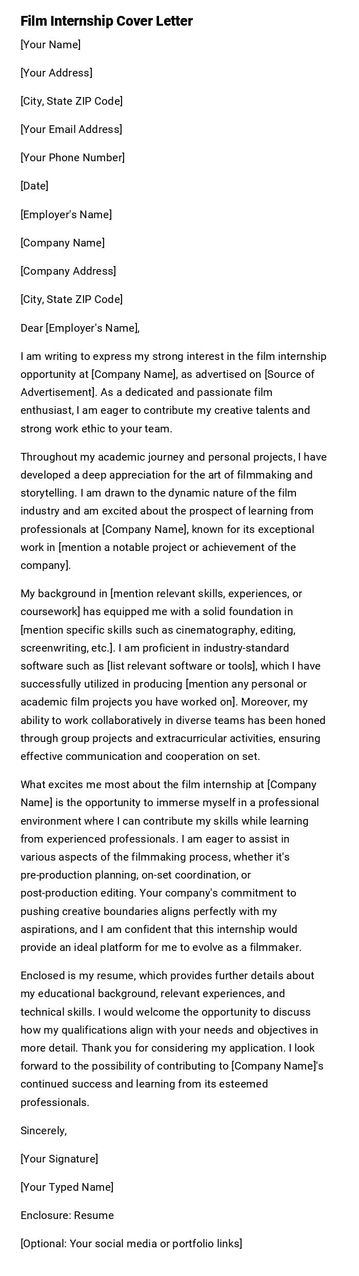 Film Internship Cover Letter