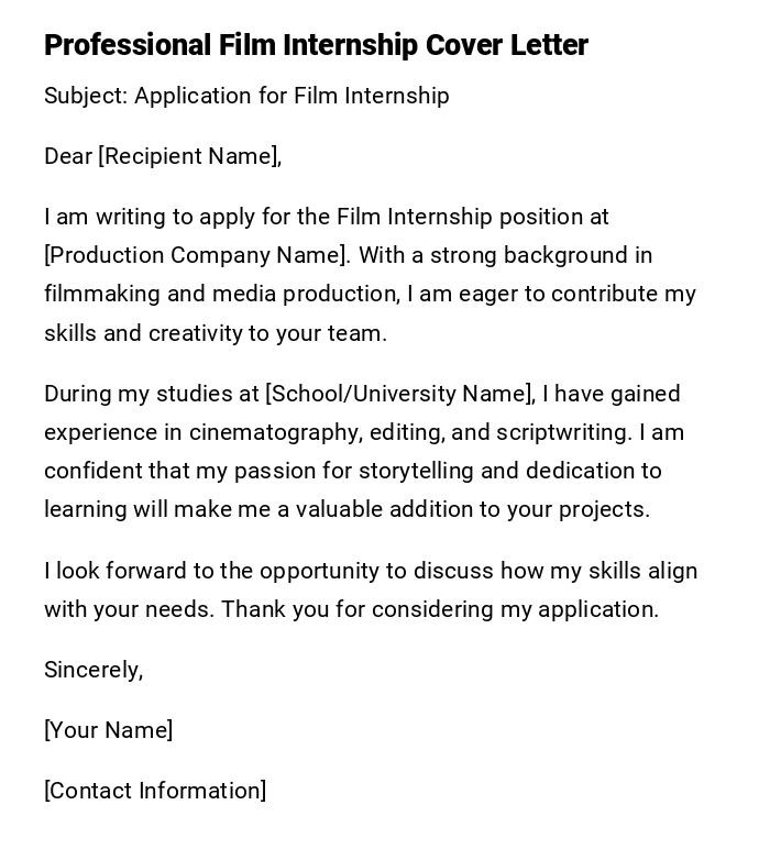 Professional Film Internship Cover Letter Professional Film Internship Cover Letter