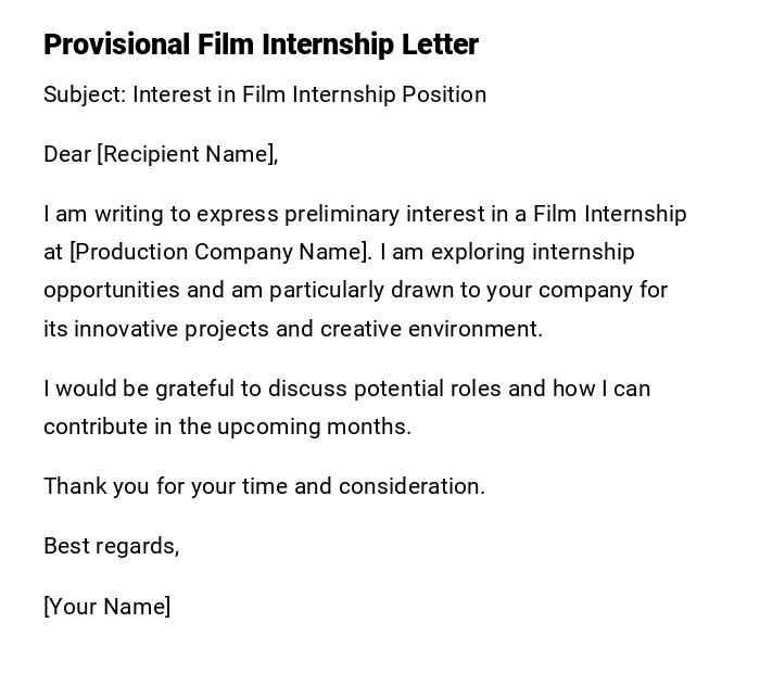 Provisional Film Internship Letter Provisional Film Internship Letter