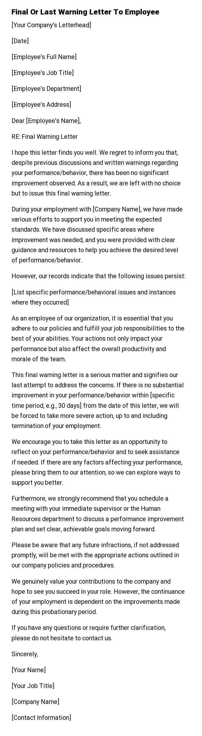 Final Or Last Warning Letter To Employee