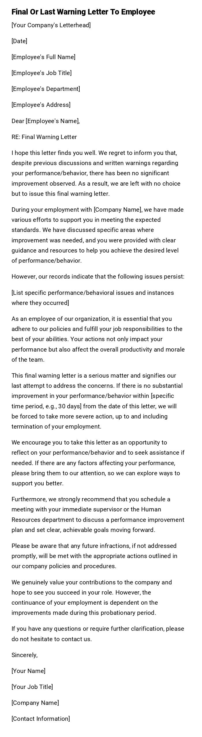 Final Or Last Warning Letter To Employee