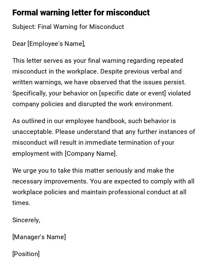 Formal warning letter for misconduct Formal warning letter for misconduct