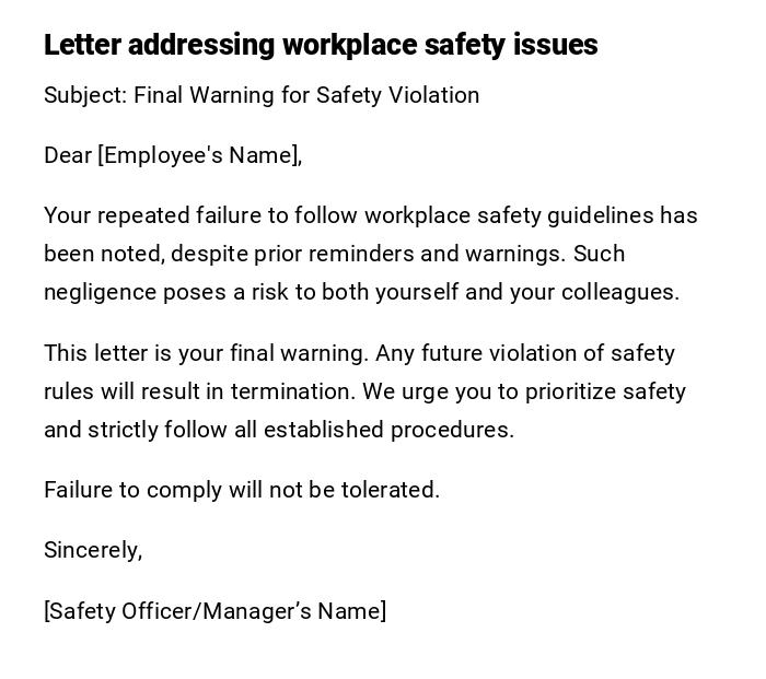 Letter addressing workplace safety issues Letter addressing workplace safety issues