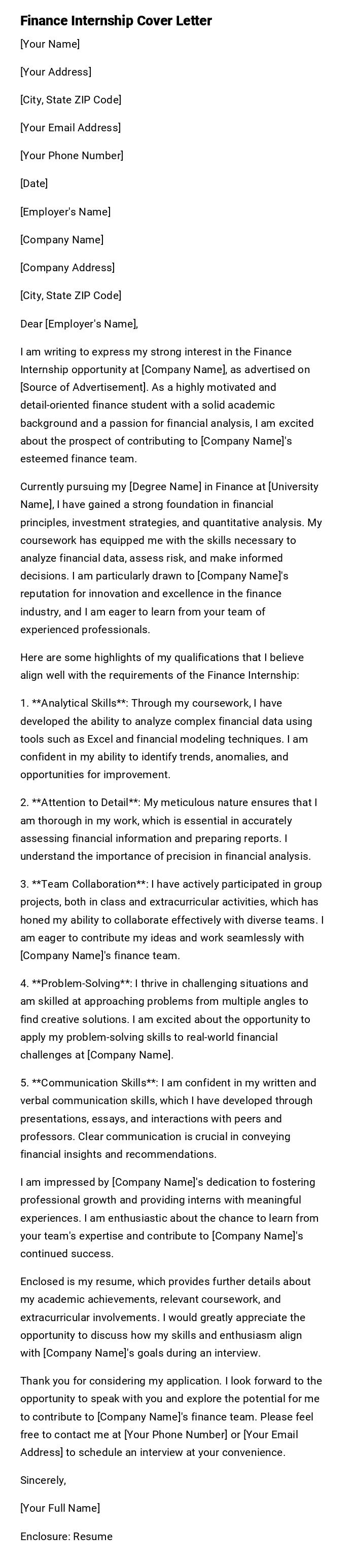 Finance Internship Cover Letter