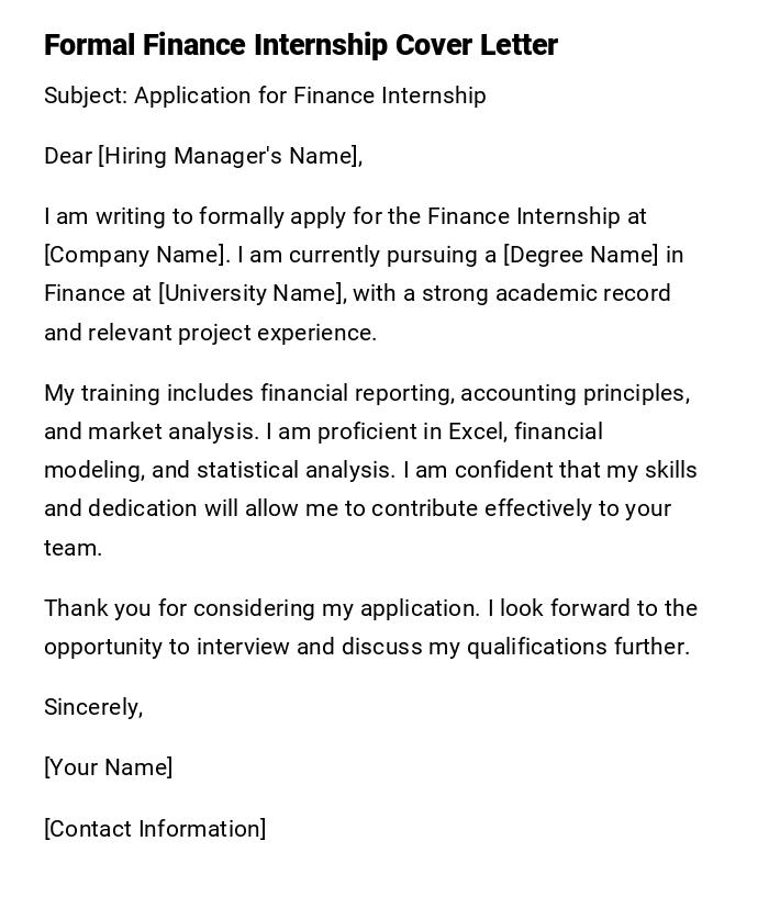 Formal Finance Internship Cover Letter Formal Finance Internship Cover Letter