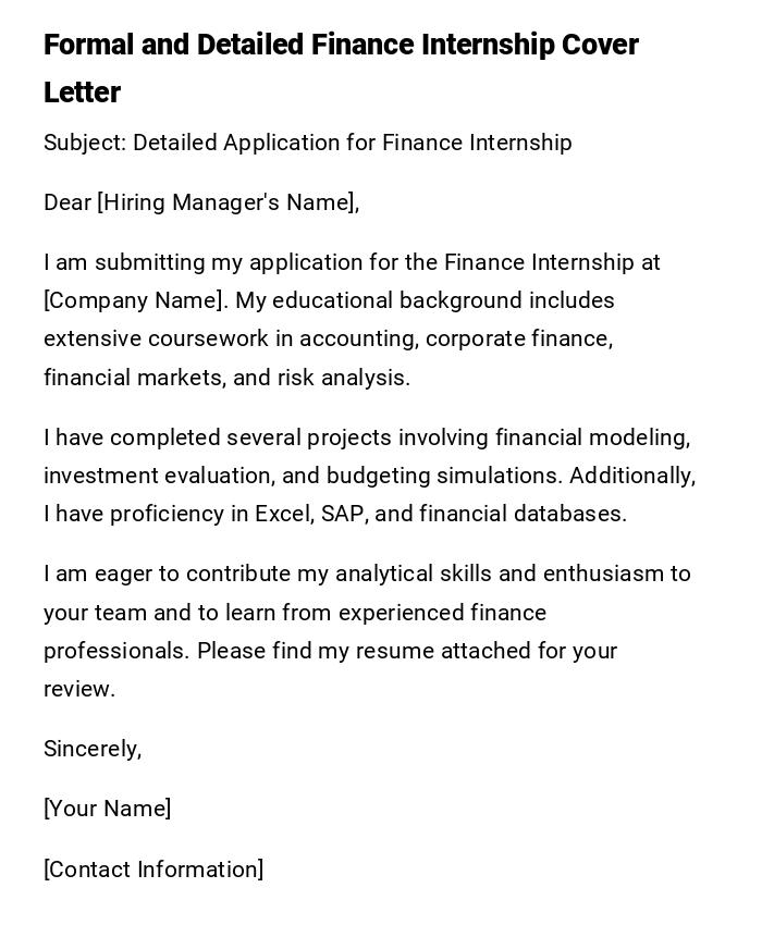 Formal and Detailed Finance Internship Cover Letter Formal and Detailed Finance Internship Cover Letter