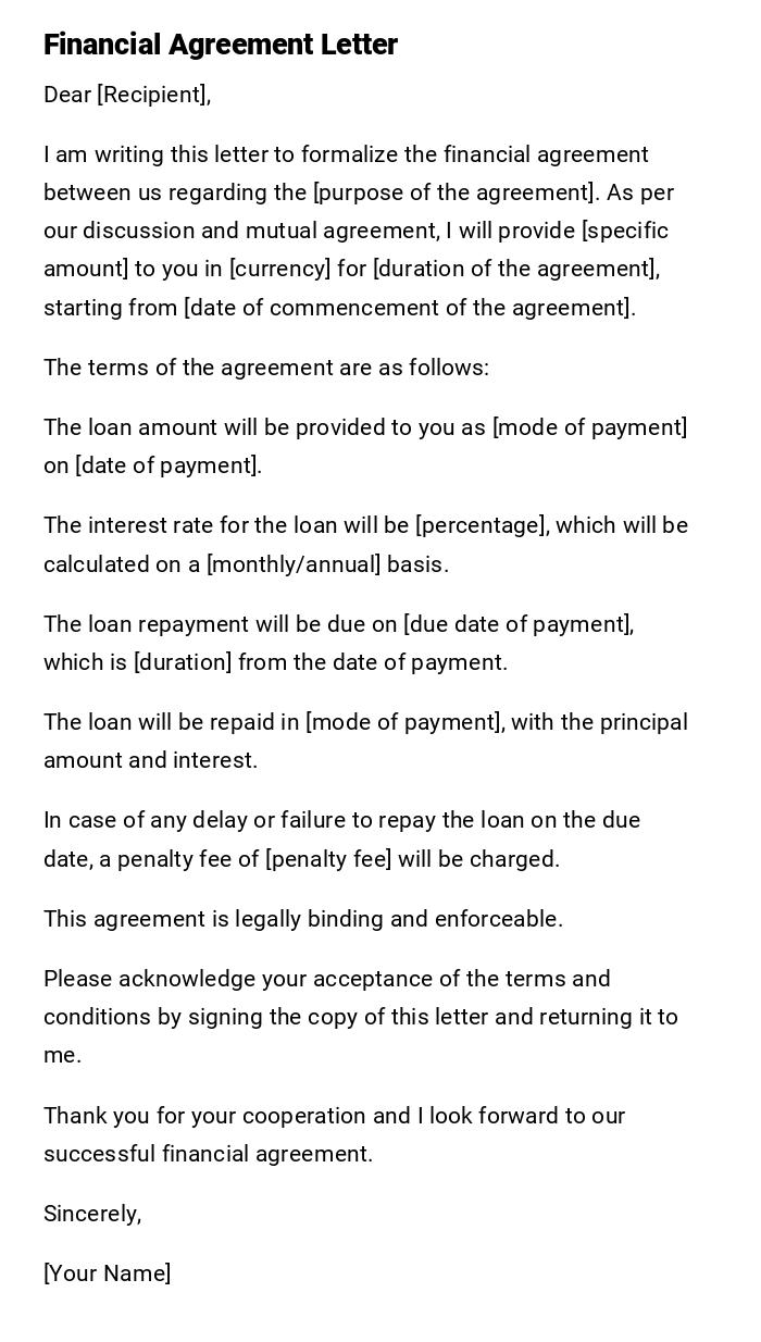 Financial Agreement Letter Financial Agreement Letter