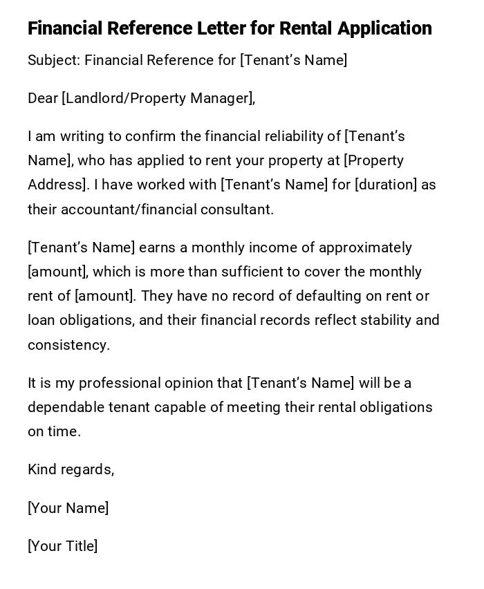 Financial Reference Letter for Rental Application Financial Reference Letter for Rental Application
