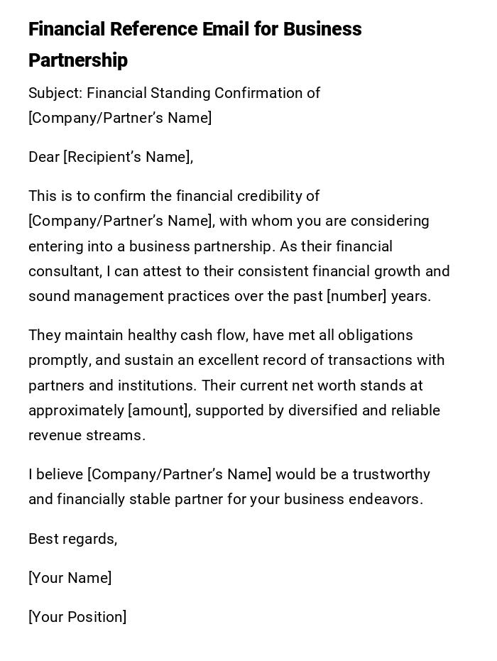 Financial Reference Email for Business Partnership Financial Reference Email for Business Partnership