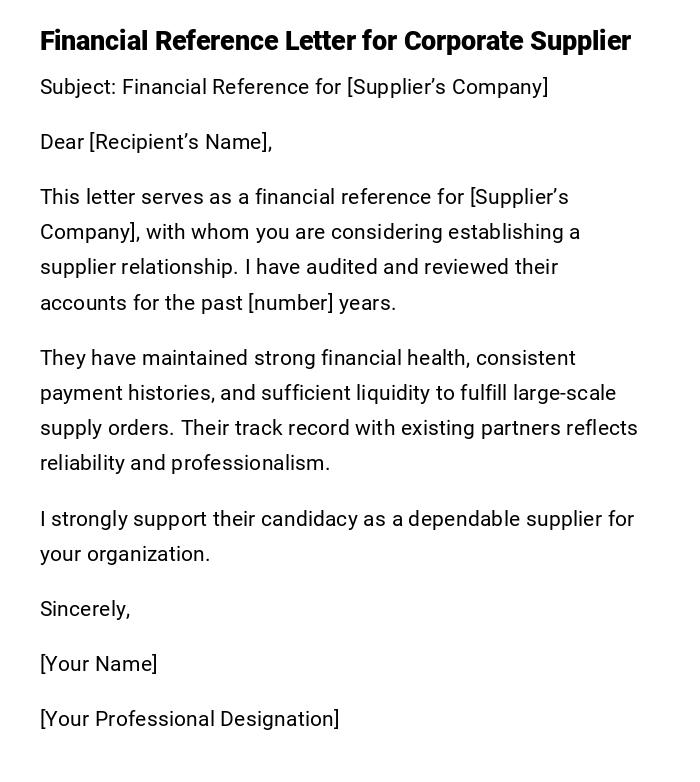 Financial Reference Letter for Corporate Supplier Financial Reference Letter for Corporate Supplier