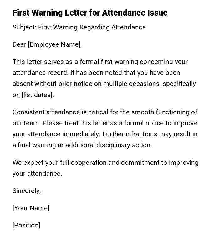 First Warning Letter for Attendance Issue First Warning Letter for Attendance Issue