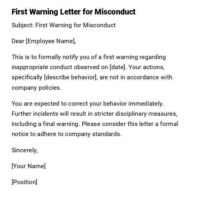 First Warning Letter for Misconduct First Warning Letter for Misconduct