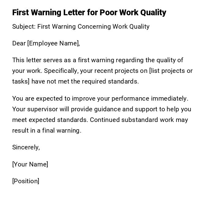 First Warning Letter for Poor Work Quality First Warning Letter for Poor Work Quality