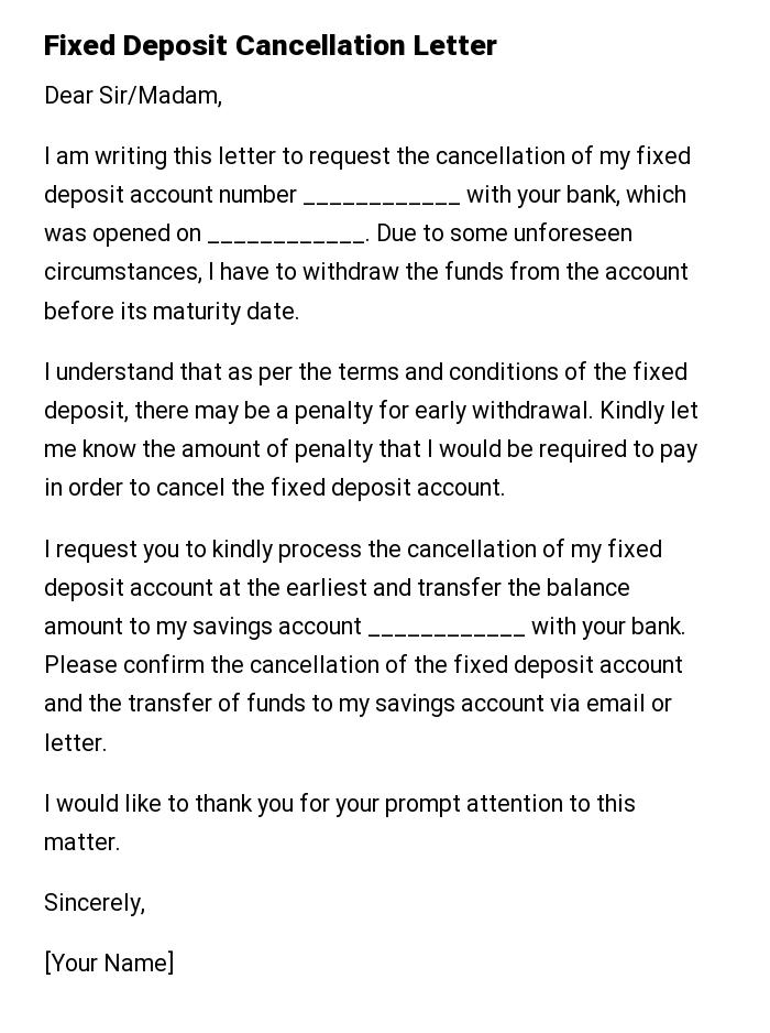Fixed Deposit Cancellation Letter