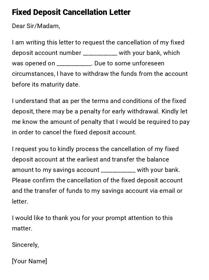 Fixed Deposit Cancellation Letter Fixed Deposit Cancellation Letter