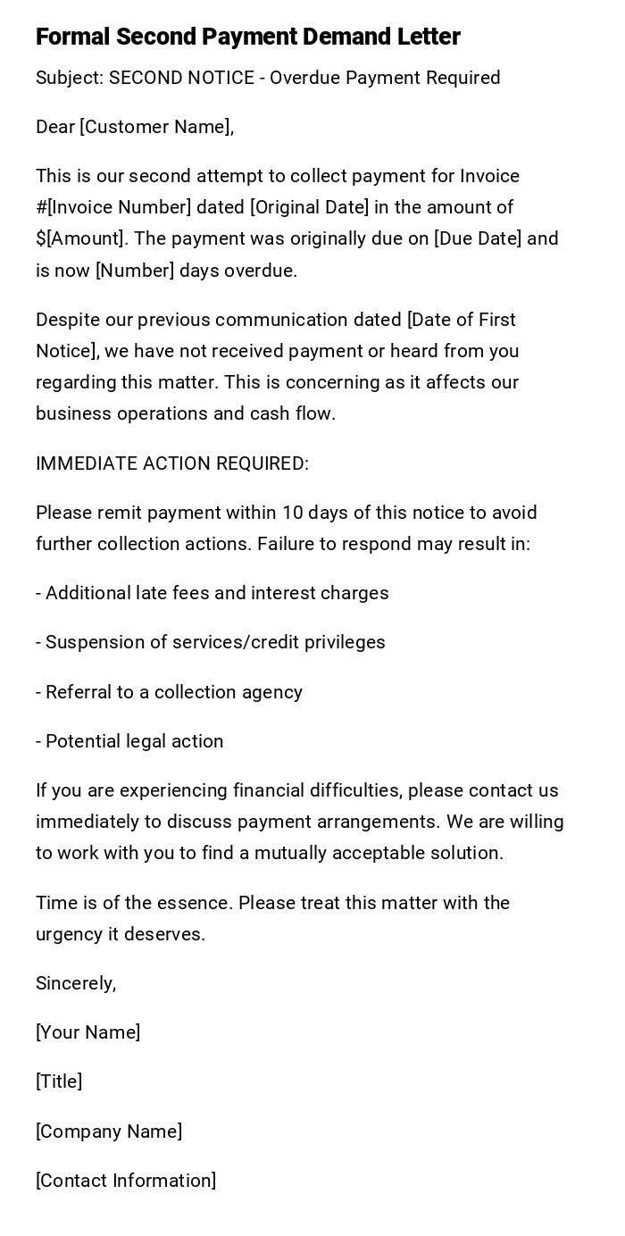 Formal Second Payment Demand Letter Formal Second Payment Demand Letter