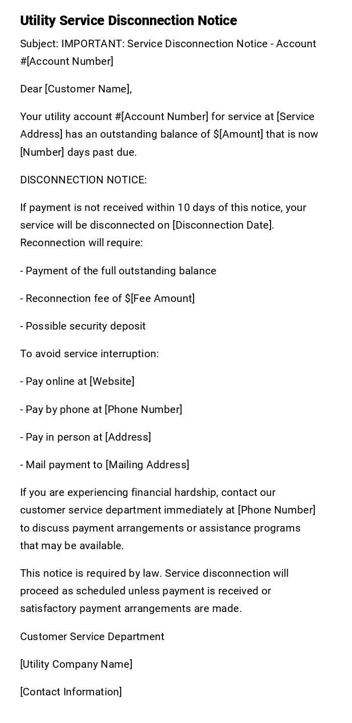 Utility Service Disconnection Notice Utility Service Disconnection Notice