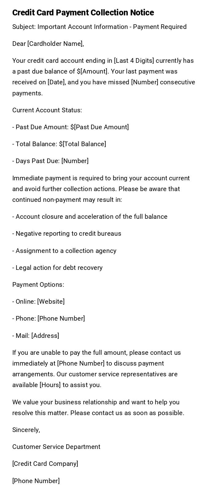 Credit Card Payment Collection Notice Credit Card Payment Collection Notice