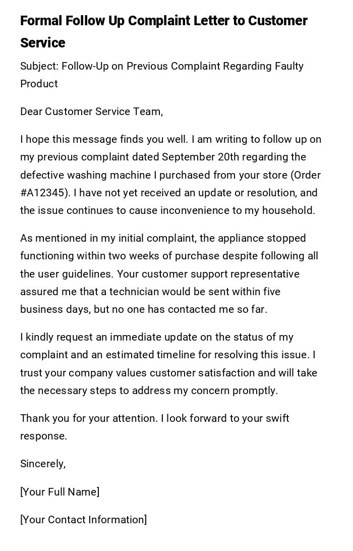 Formal Follow Up Complaint Letter to Customer Service