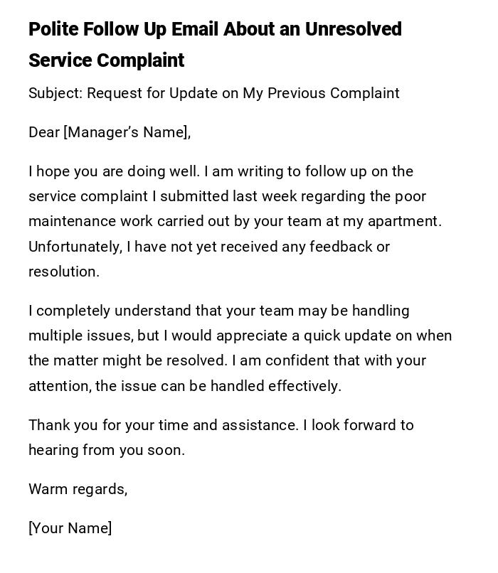 Polite Follow Up Email About an Unresolved Service Complaint