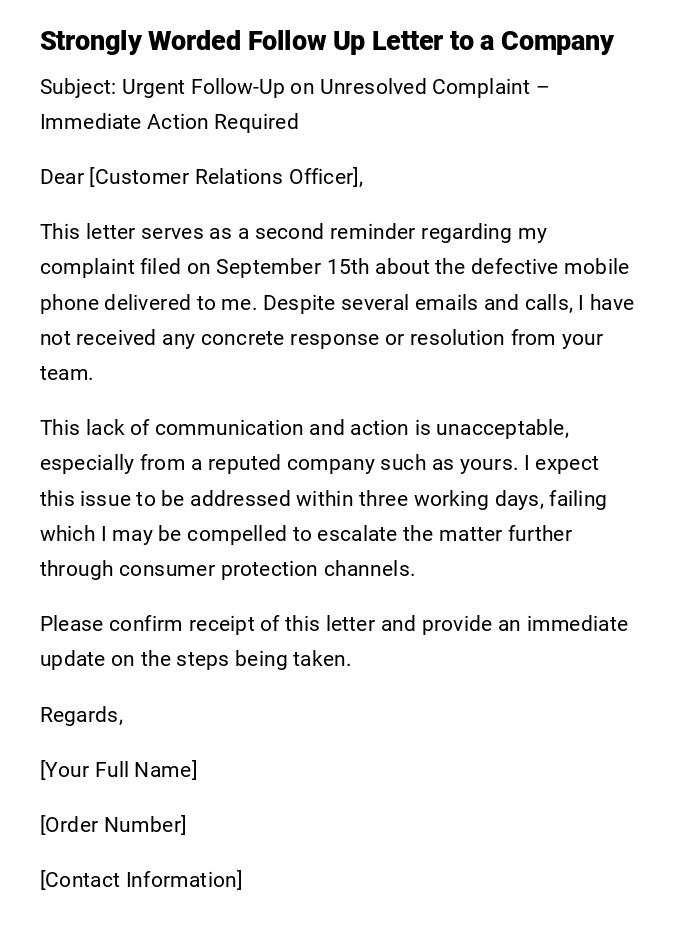 Strongly Worded Follow Up Letter to a Company
