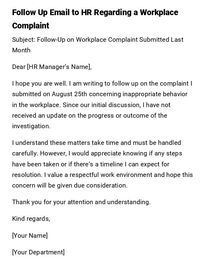 Follow Up Email to HR Regarding a Workplace Complaint