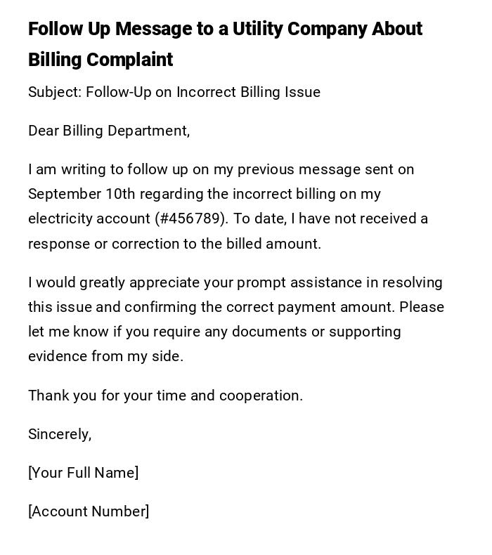 Follow Up Message to a Utility Company About Billing Complaint