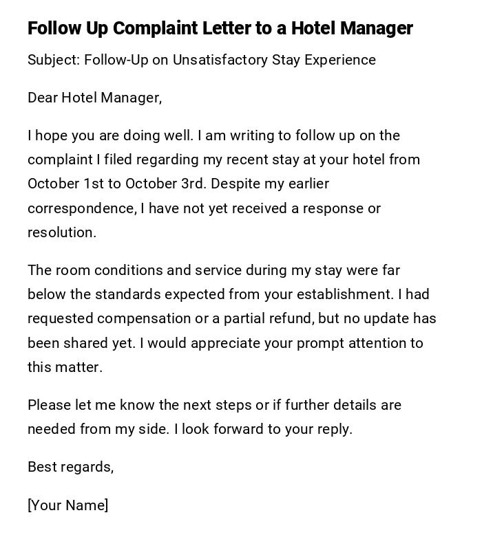 Follow Up Complaint Letter to a Hotel Manager