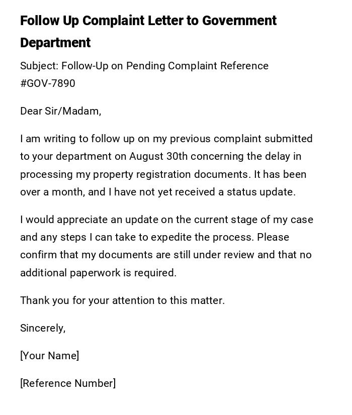 Follow Up Complaint Letter to Government Department