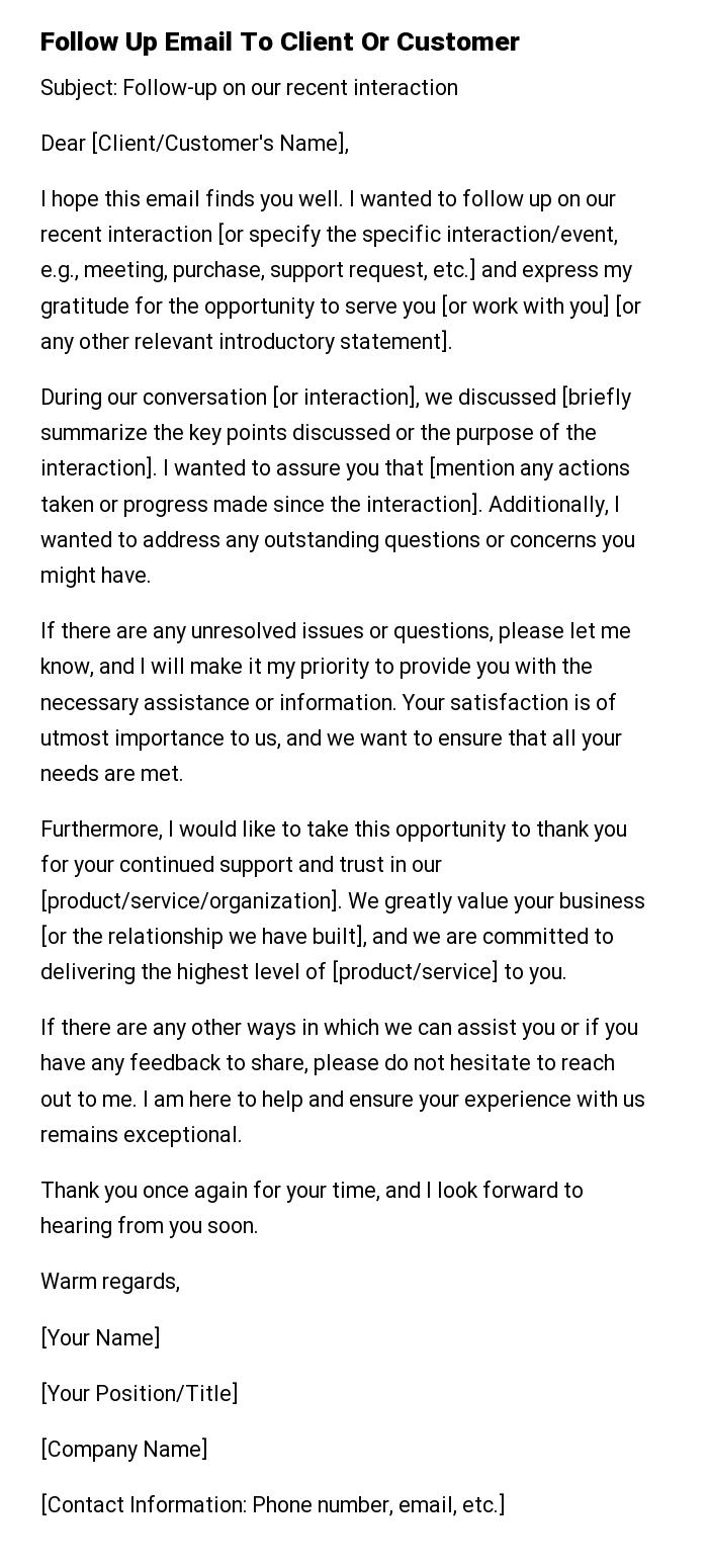 Follow Up Email To Client Or Customer