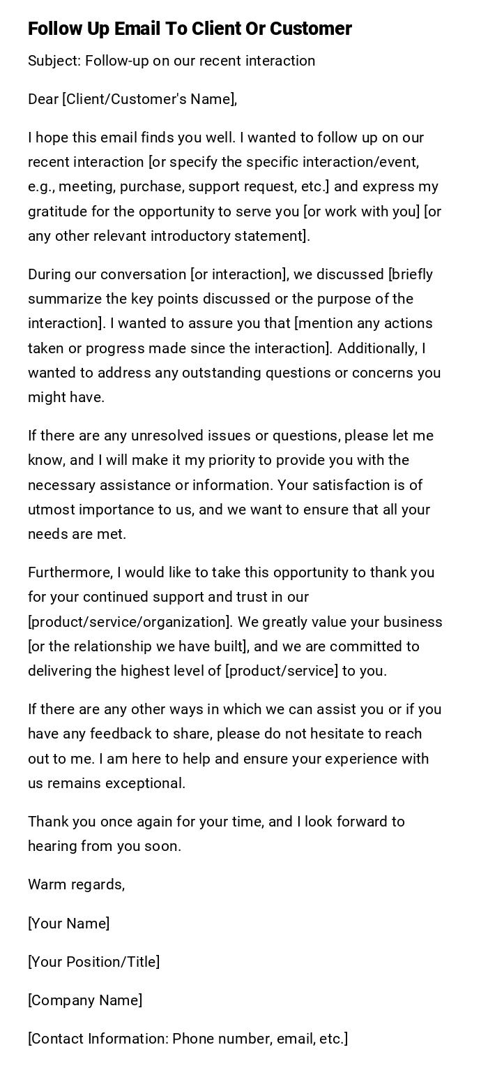 Follow Up Email To Client Or Customer