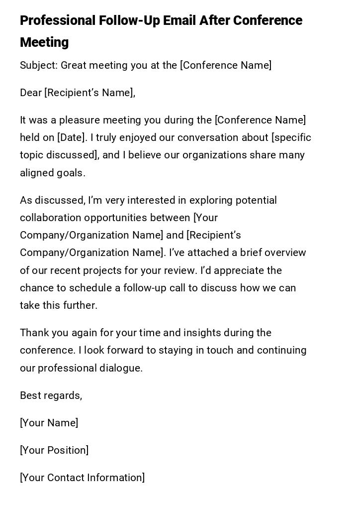 Professional Follow-Up Email After Conference Meeting Professional Follow-Up Email After Conference Meeting
