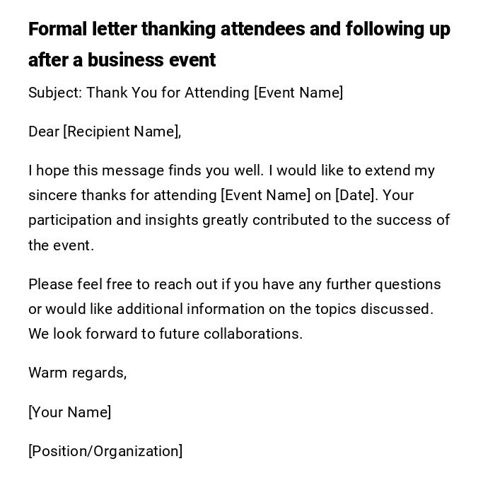 Formal letter thanking attendees and following up after a business event