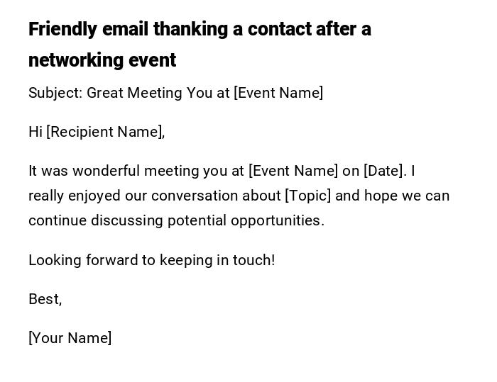 Friendly email thanking a contact after a networking event