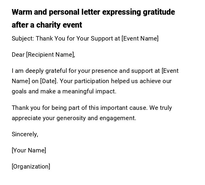Warm and personal letter expressing gratitude after a charity event