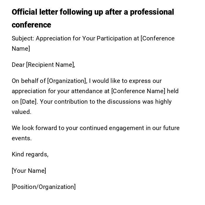 Official letter following up after a professional conference
