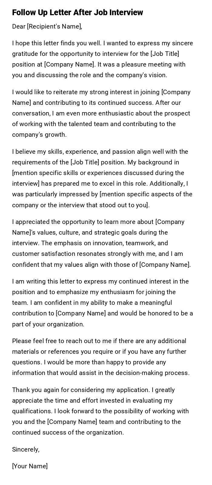 Follow Up Letter After Job Interview