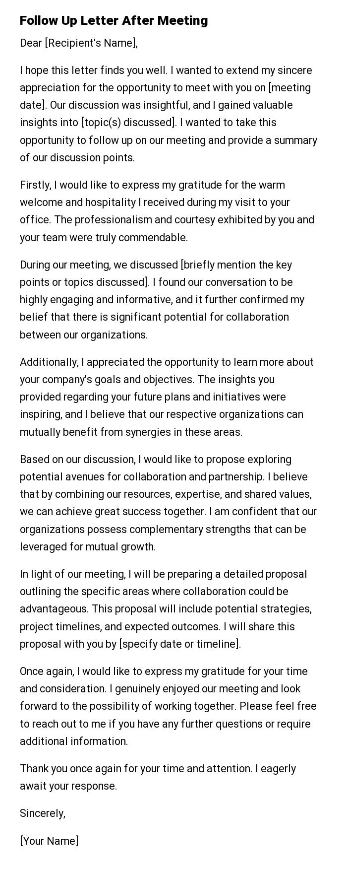 Follow Up Letter After Meeting