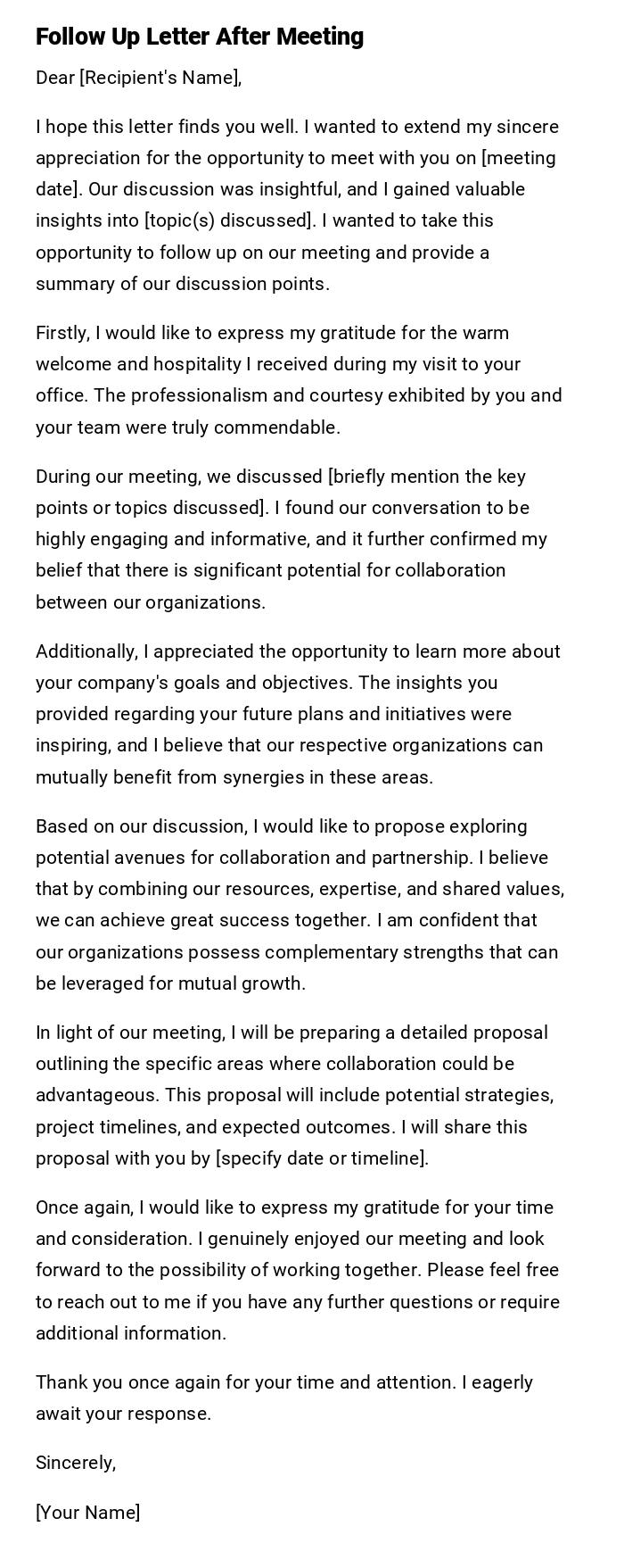 Follow Up Letter After Meeting