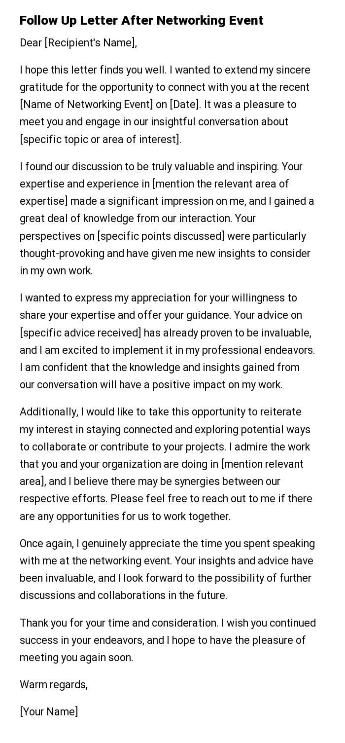Follow Up Letter After Networking Event