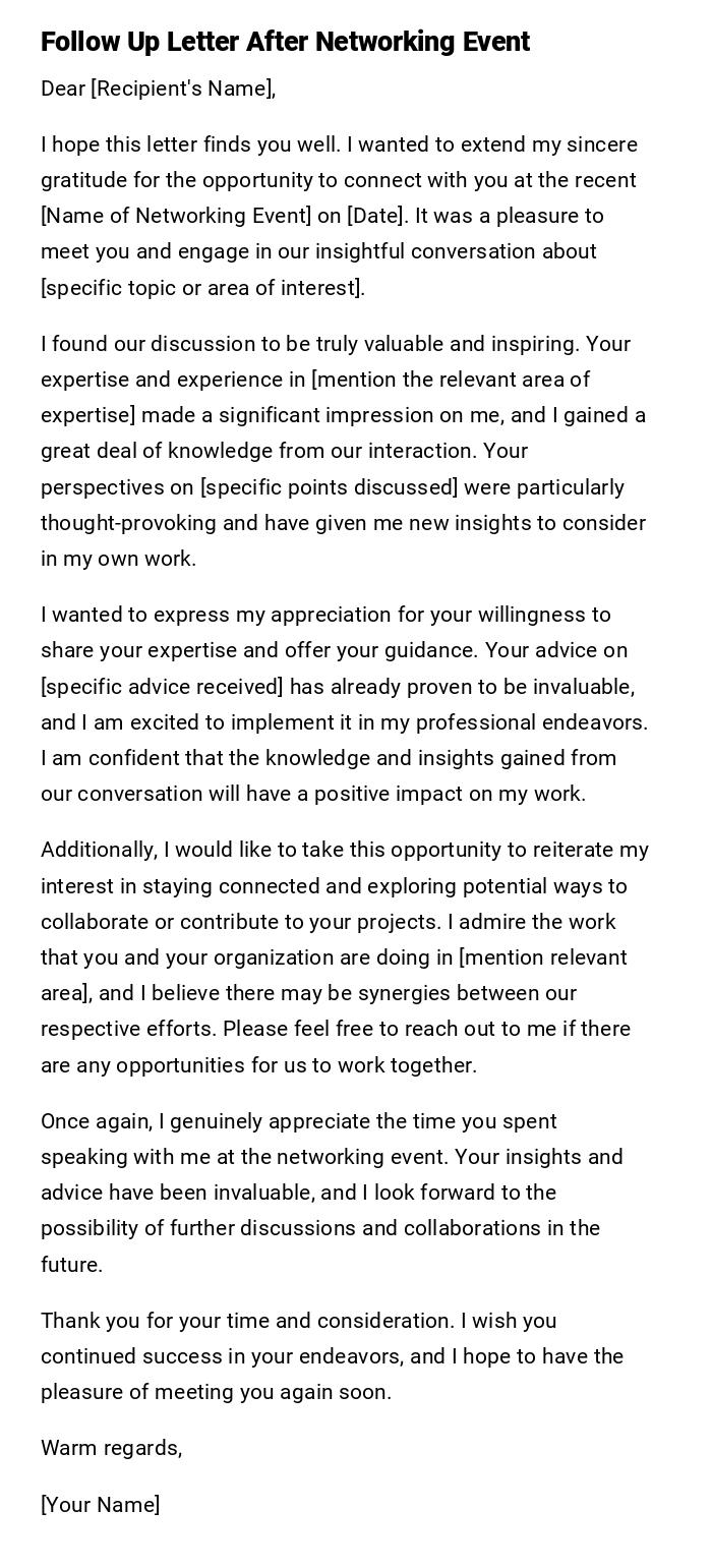 Follow Up Letter After Networking Event