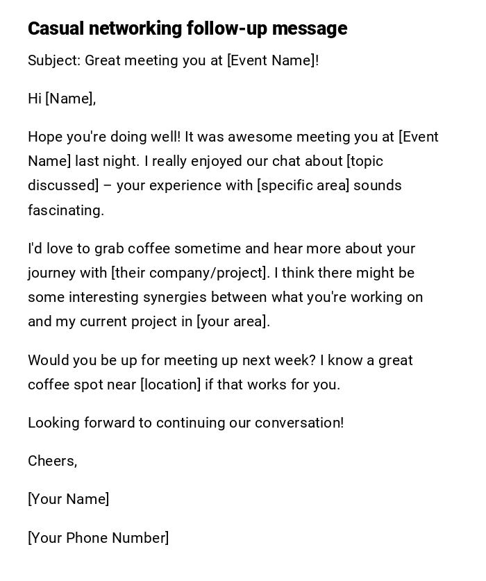 Casual networking follow-up message