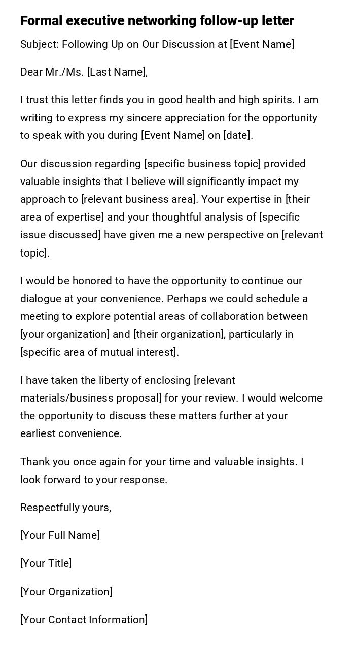 Formal executive networking follow-up letter