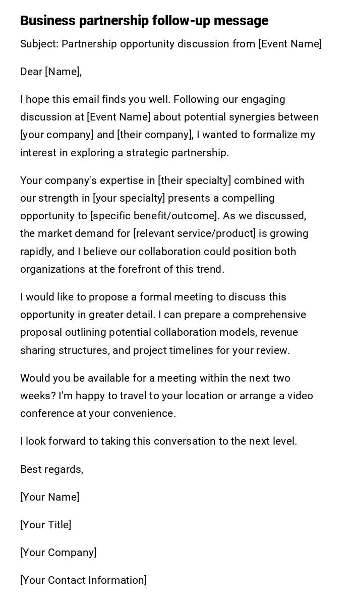 Business partnership follow-up message