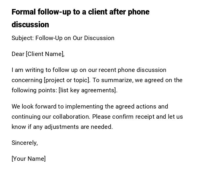 Formal follow-up to a client after phone discussion