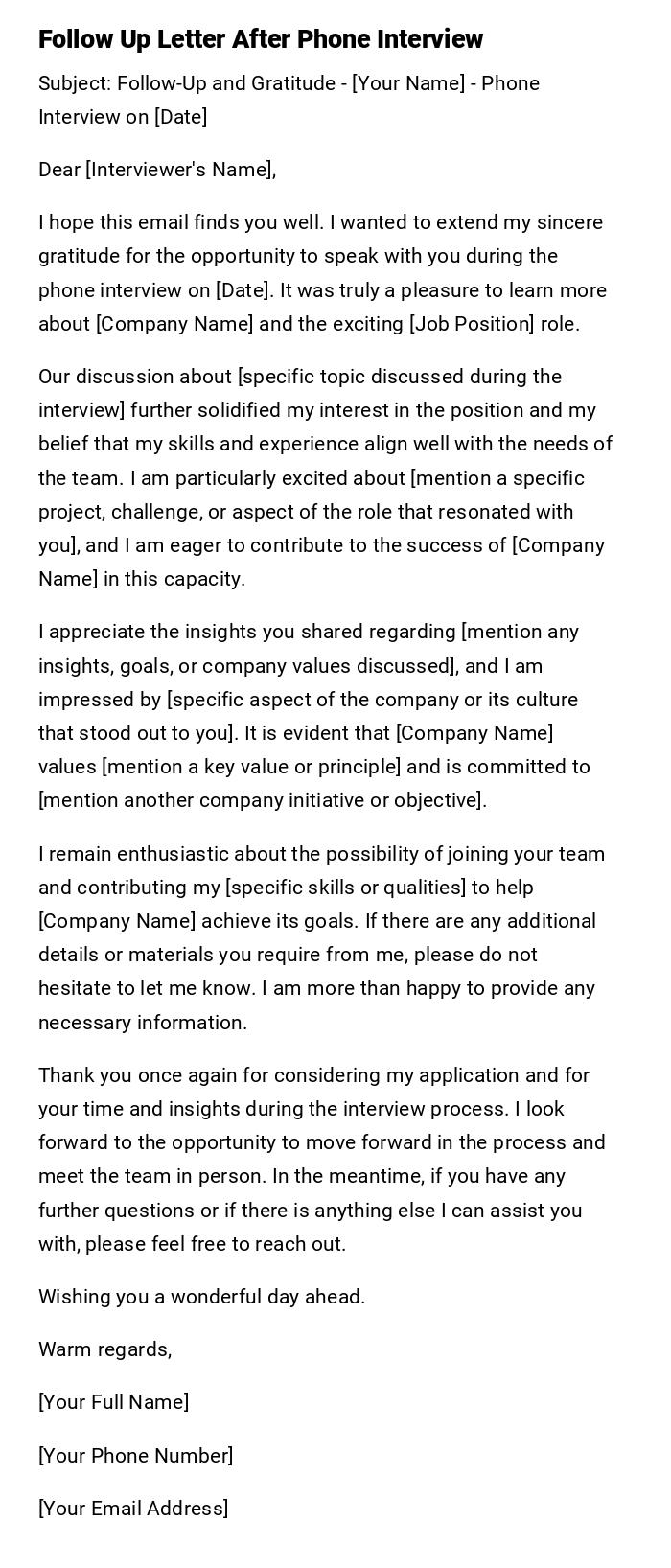 Follow Up Letter After Phone Interview