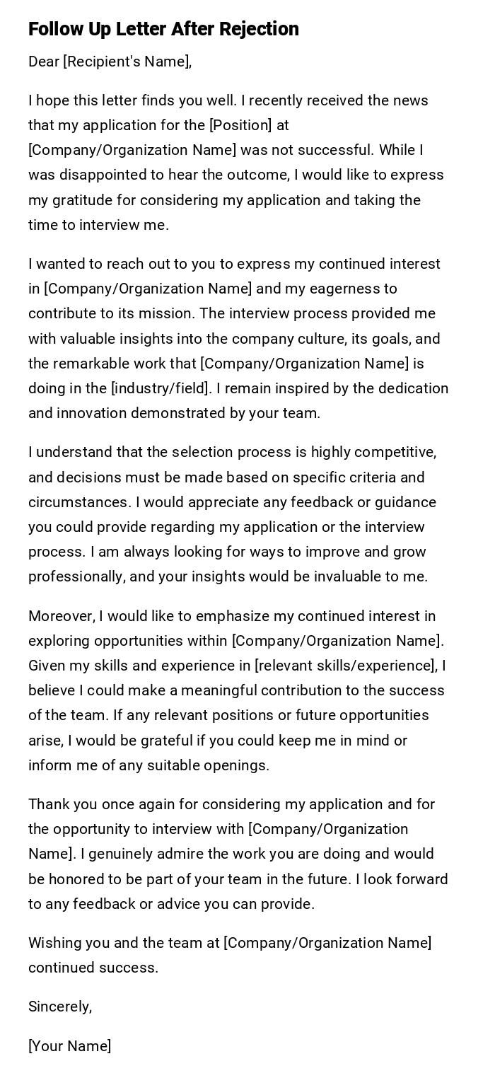 Follow Up Letter After Rejection