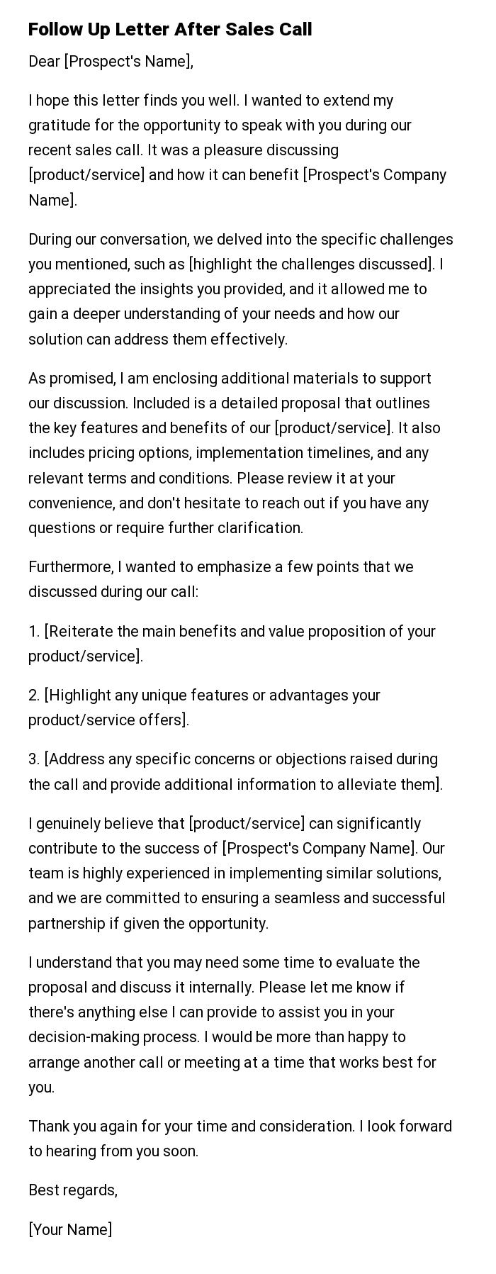 Follow Up Letter After Sales Call