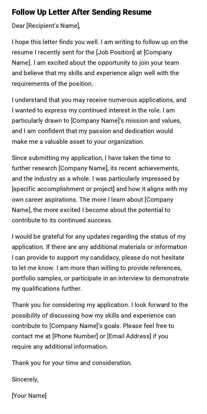 Follow Up Letter After Sending Resume